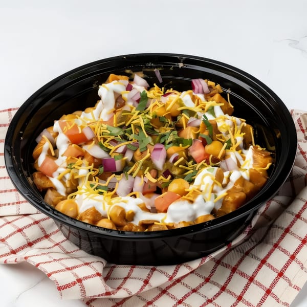 A black bowl of loaded potato bites with sour cream, cheese, red onions, tomatoes, and cilantro.