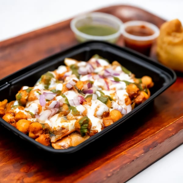 Chana Chaat in a black container, topped with yogurt, green chutney, and red onions.